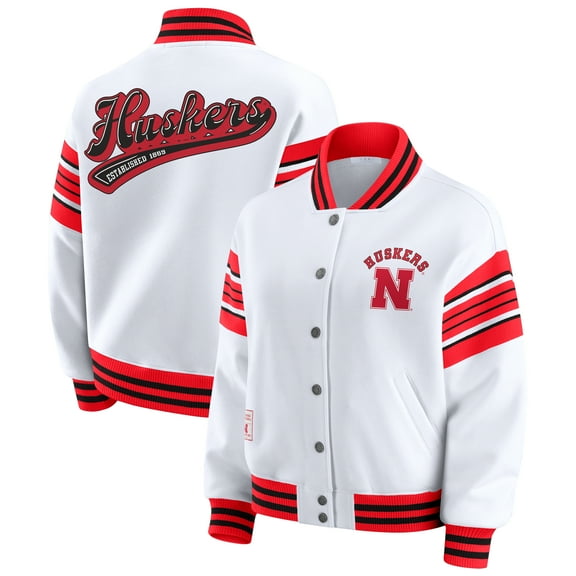 Women's WEAR by Erin Andrews White/Scarlet Nebraska Huskers Satin Stitch Full-Snap Fleece Sweatshirt Jacket