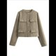 thumbnail image 3 of Chaqueta Blazer Corta para Mujer, Sin Cuello, con Botones, Estilo Informal de Negocios, para Otoño e Invierno Color Oliva XS, 3 of 7