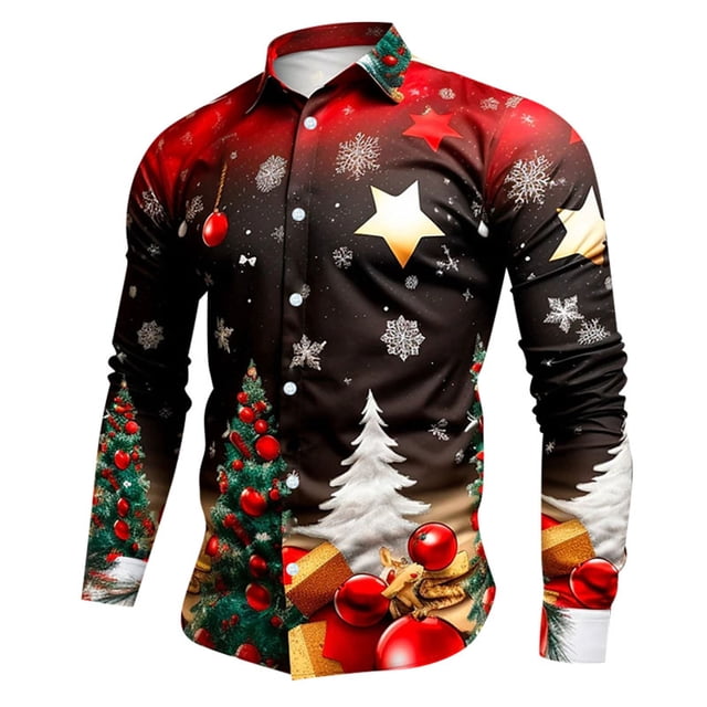 Kcodviy Manteau de Noël pour Homme Père Noël Dragon Numérique Homme Chemise à Imprimé 3D Bouton Revers Chemise à Entrejambe à Boutons Chemise à Manches Longues Haut