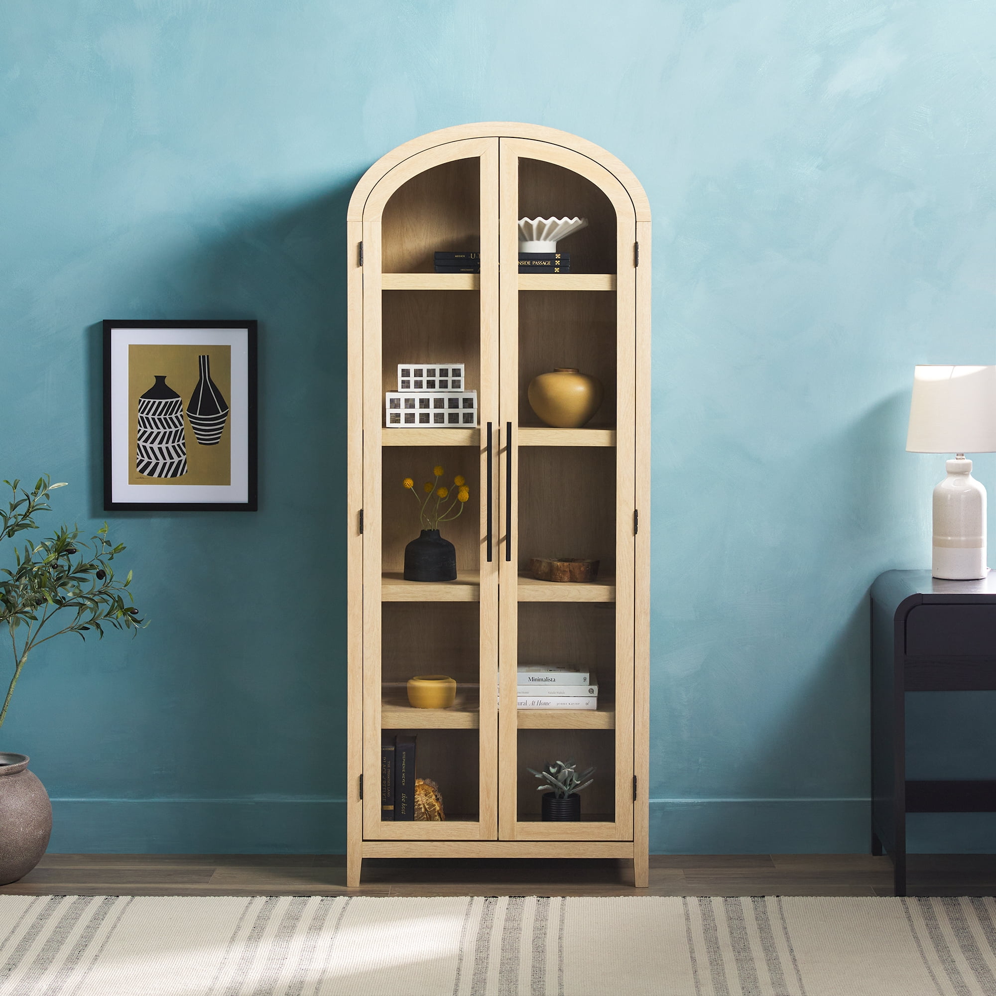 Walker Edison Modern Arched Bookcase with Glass Doors, Coastal Oak