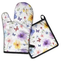 Floral Butterfly Pattern Kitchen Oven Mitt and Pot Holder Sets 2 Pcs for Baking, Cooking and Grilling, Heat Resistant Up To 392 °F