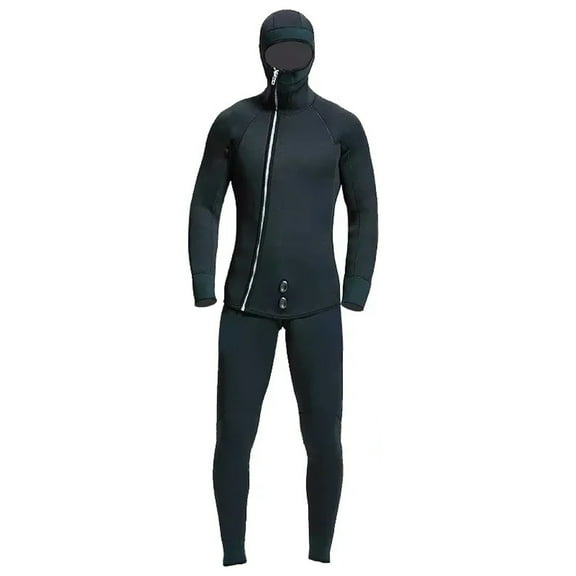 Men’s 2-Piece 7mm Neoprene Wetsuit - Scuba Diving/Spearfishing, Hooded Blind Sewing (Black)
