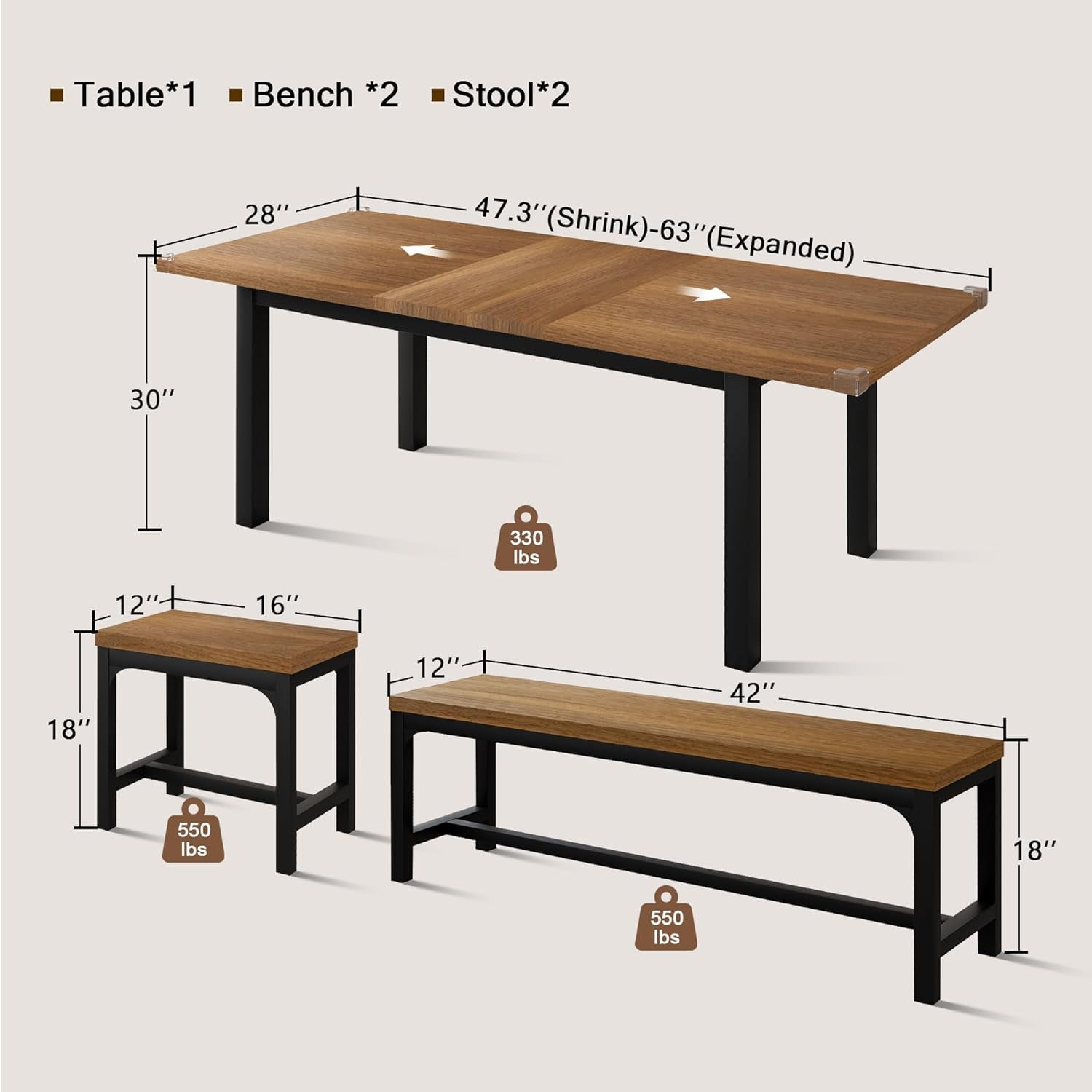 Honfach 5 Piece Dining Table Set for 4-8 People, 63" Large Extendable Kitchen Table Set with 2 Benches and 2 Square Stools, Walnut