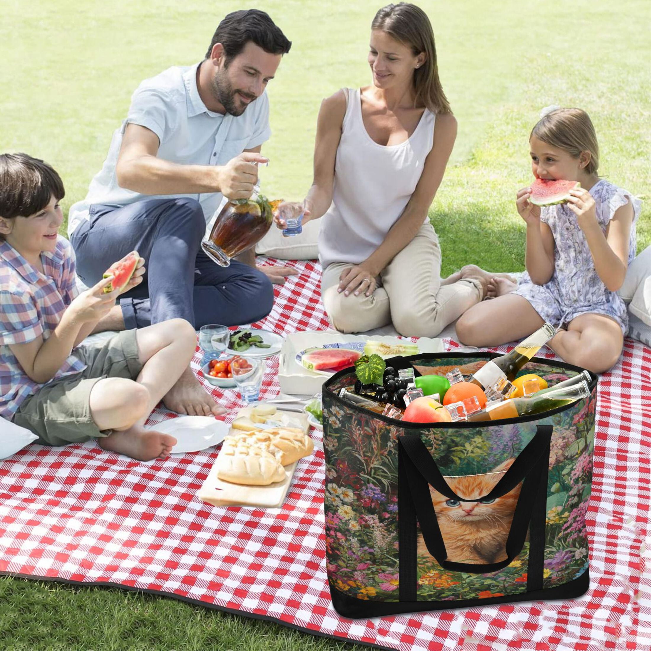 Large Hand-held Ice Pack Picnic Bag Insulation and Refrigeration Suitable for Shopping Picnics and Camping Garden Orange Cat