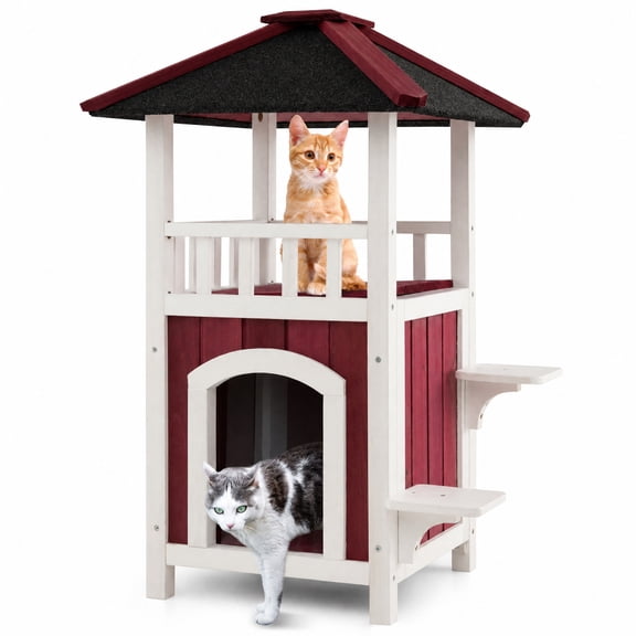 SUGIFT Wooden Cat House Cat Tree Tower for Indoor Cats with Asphalt Roof, Elevated Cat Tree Condo with Balcony for Large Cats, Red and White