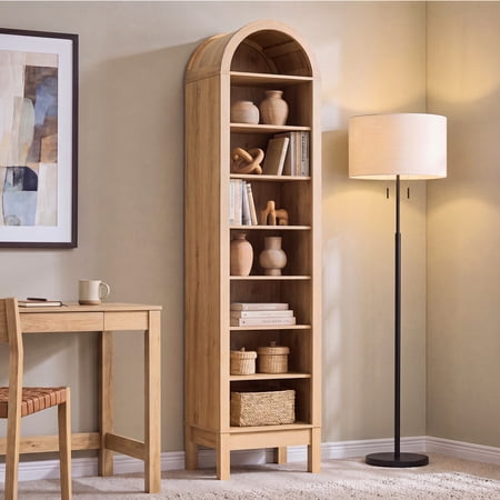Aitjunz 71" Tall Arched Bookshelf with Storage, 8-Tier Wood Bookcase with 3 Adjustable Shelves, Medium Bookshelf for Living Room, Bedroom, and Office, Natural