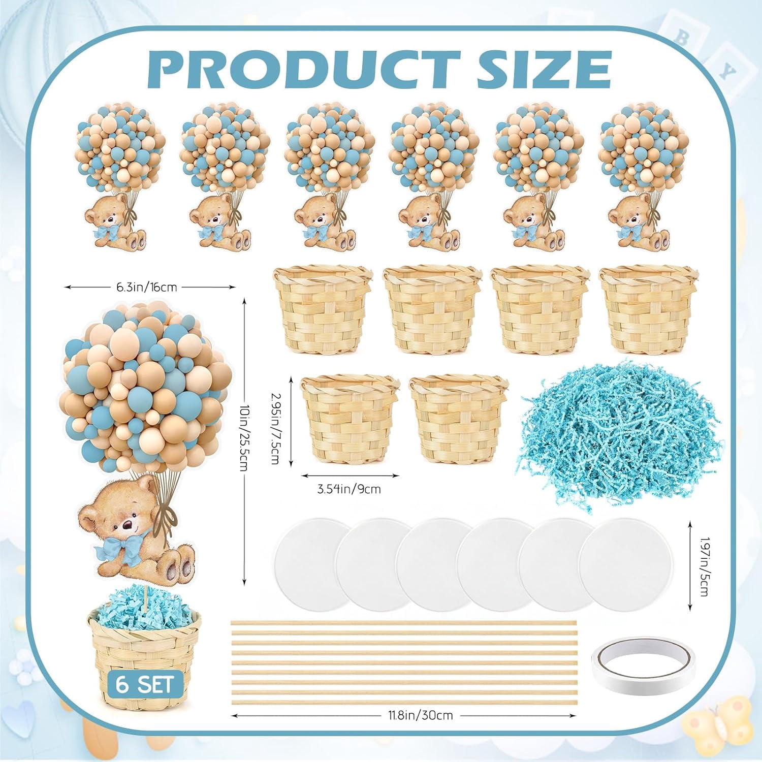 6 Set Blue Baby Shower Table Centerpieces Decortion Hot Air Balloon Cute Babys Bear with Bamboo Basket Lafite Garss Welcome Oh Baby We Can Bearly Wait Boy Or Girl Gender Reveal Party Favor