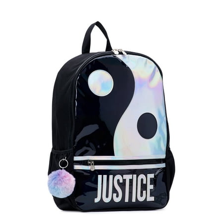 Justice Girls 17" Laptop Backpack with Pom Key Chain, Black Yin Yang