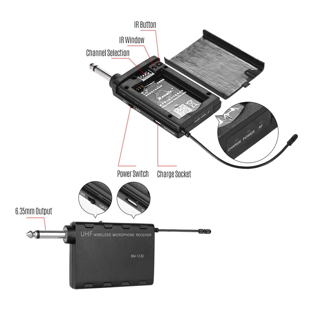 Baomic BM-12/V2 Professional UHF Wireless Instrument Microphone System Receiver & Transmitter 16 Channels for Sax Saxophone French Horn Trumpet Trumbone