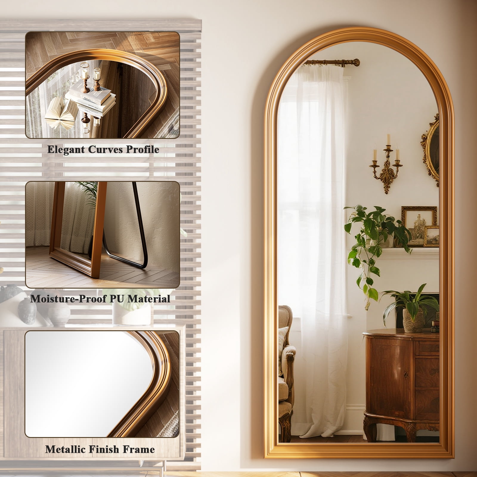 AUROMIR 71"x32" Arched Full Length Mirror Floor Mirror Vintage Decor Mirror, Antique Gold