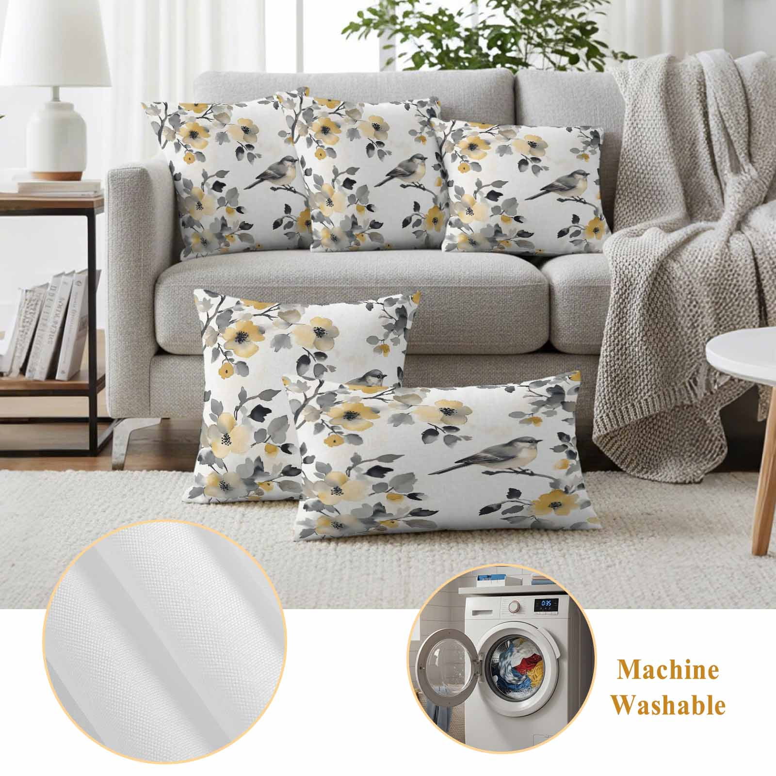 Pastoral Flower Pillow Covers 2 Pack Gray Leaf Yellow Flowers Bird Farmhouse Pillowcase Waterproof Outdoor Throw Pillow Cover for Patio Garden Square Cushion 18”x18”