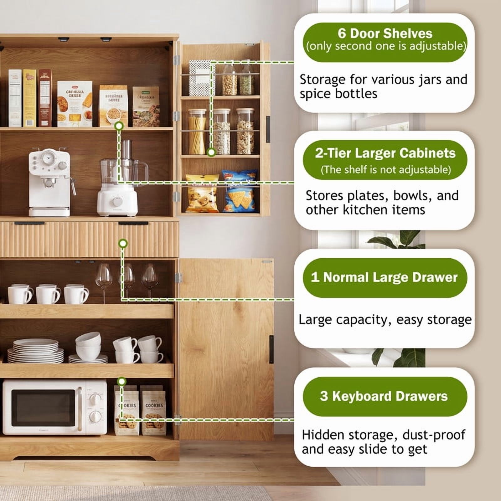 72'' Tall Fluted Kitchen Pantry Hutch with Rack & Drawer, Multi-Functional Storage Cabinet, Freestanding Cupboard Organizer