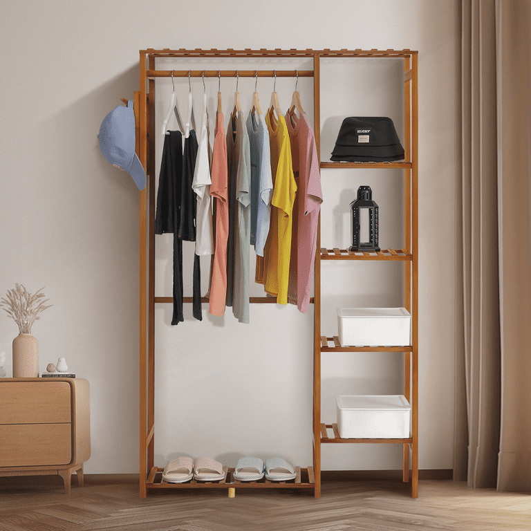 MoNiBloom Bamboo 6 Tier Coat Pants Rack Double Storage Shelf Hanging Rod Wardrobe Brown Walmart