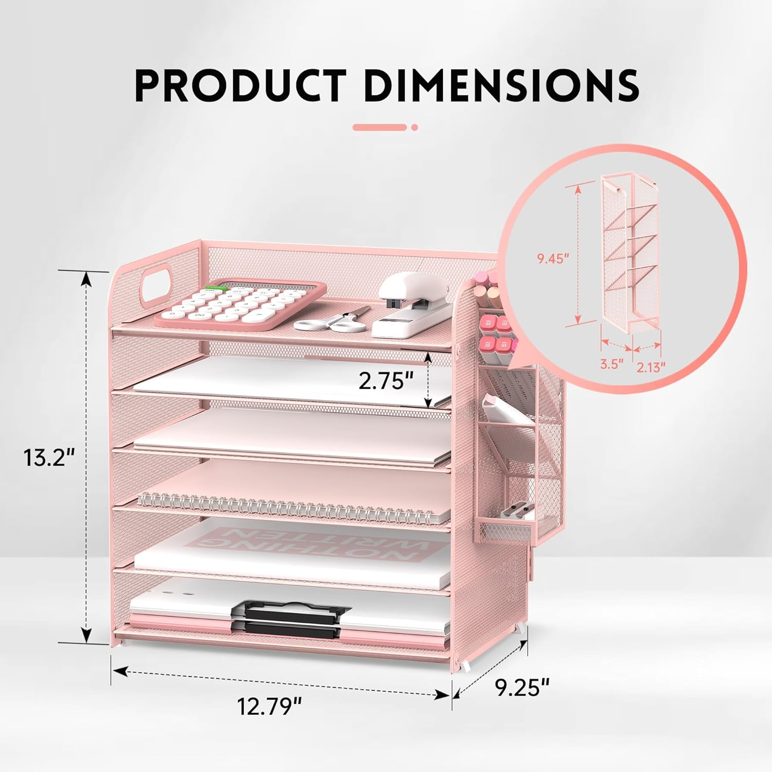 INTIGE 6 Tier Metal File Organizer with 4 Pen Holders and Handle, Desk Paper Organizer, Pink, Need Mount