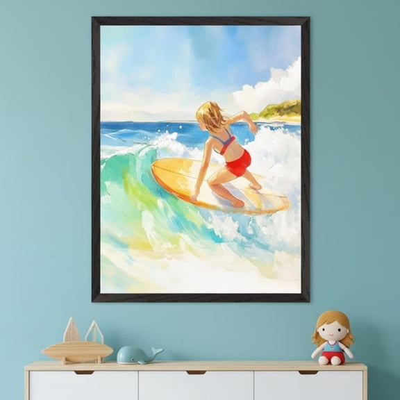 Girl Surfer Wall Art Beach Nursery Decor Coastal Style Print Surfing Unframed Paper Print