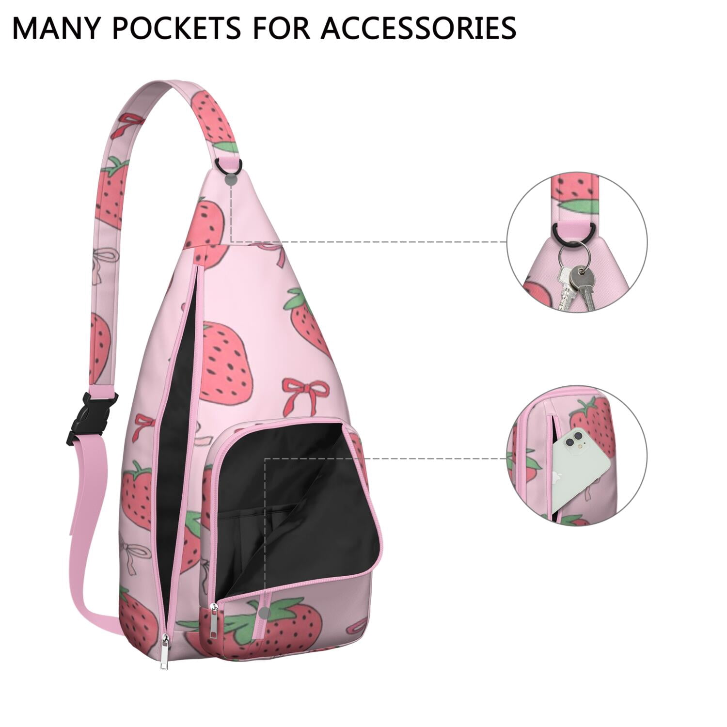 Fashion Sling Backpack Strawberry Bow Crossbody Bag for Travel Adjustable Lightweight Travel Hiking Casual Daypack for Young People
