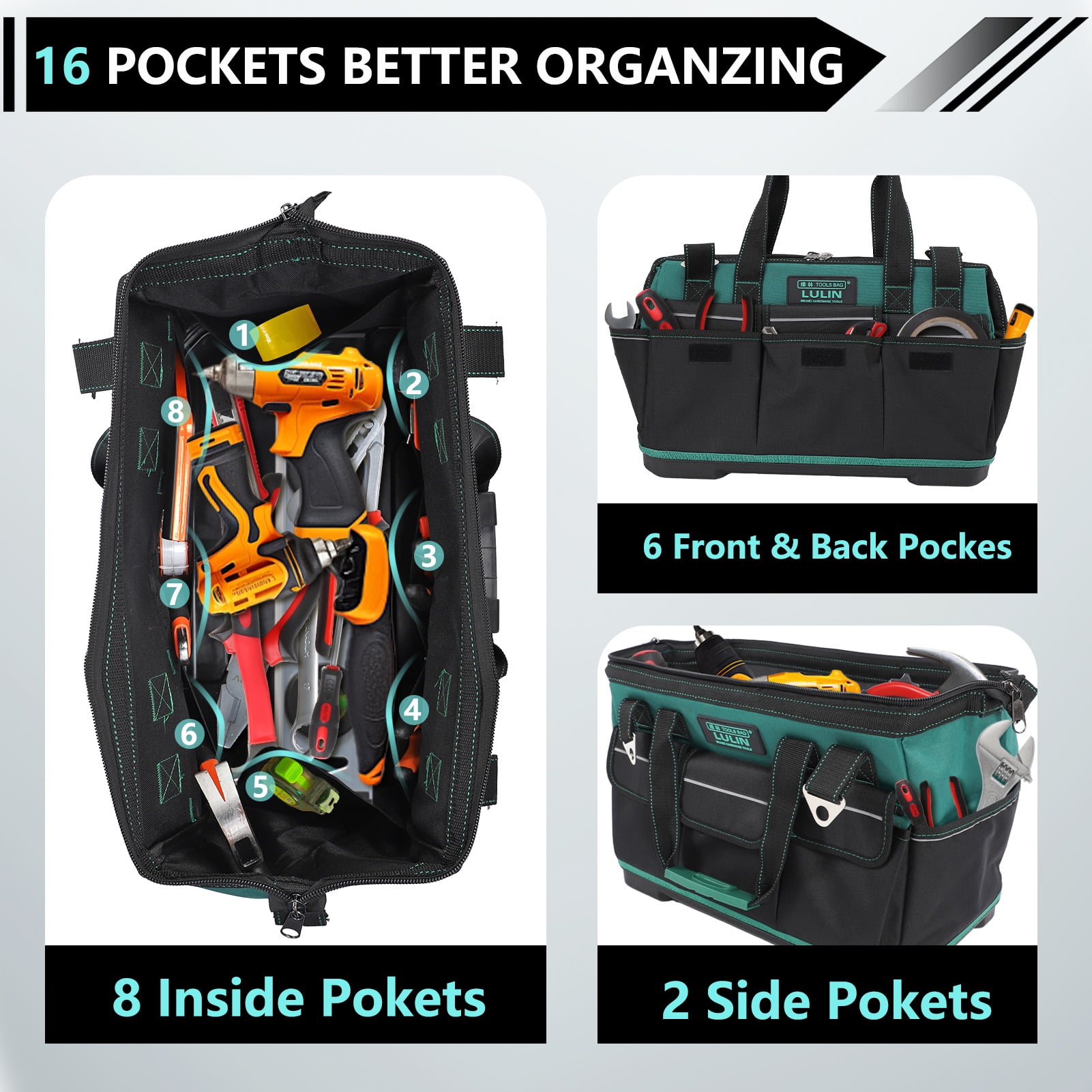19-inch Tool Bag With 16 Pockets, Heavy Duty Hand Tool Storage Bag With Adjustable Shoulder Strap &amp; Waterproof Strong Molded Base, For Tool Kit Organizer Bag