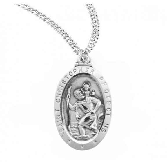 Sterling Silver Saint Christopher Oval Medal, 20" Rhodium Plated Stainless Steel Chain, Made in USA - Deluxe Velvet Gift Box