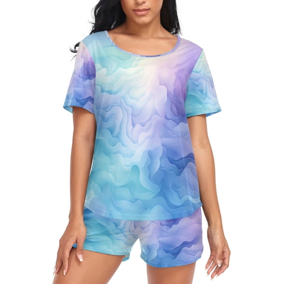 joogoo Women's Pajama Set Tie-dye Purple Short Sleepwear Loungewear with Pockets M