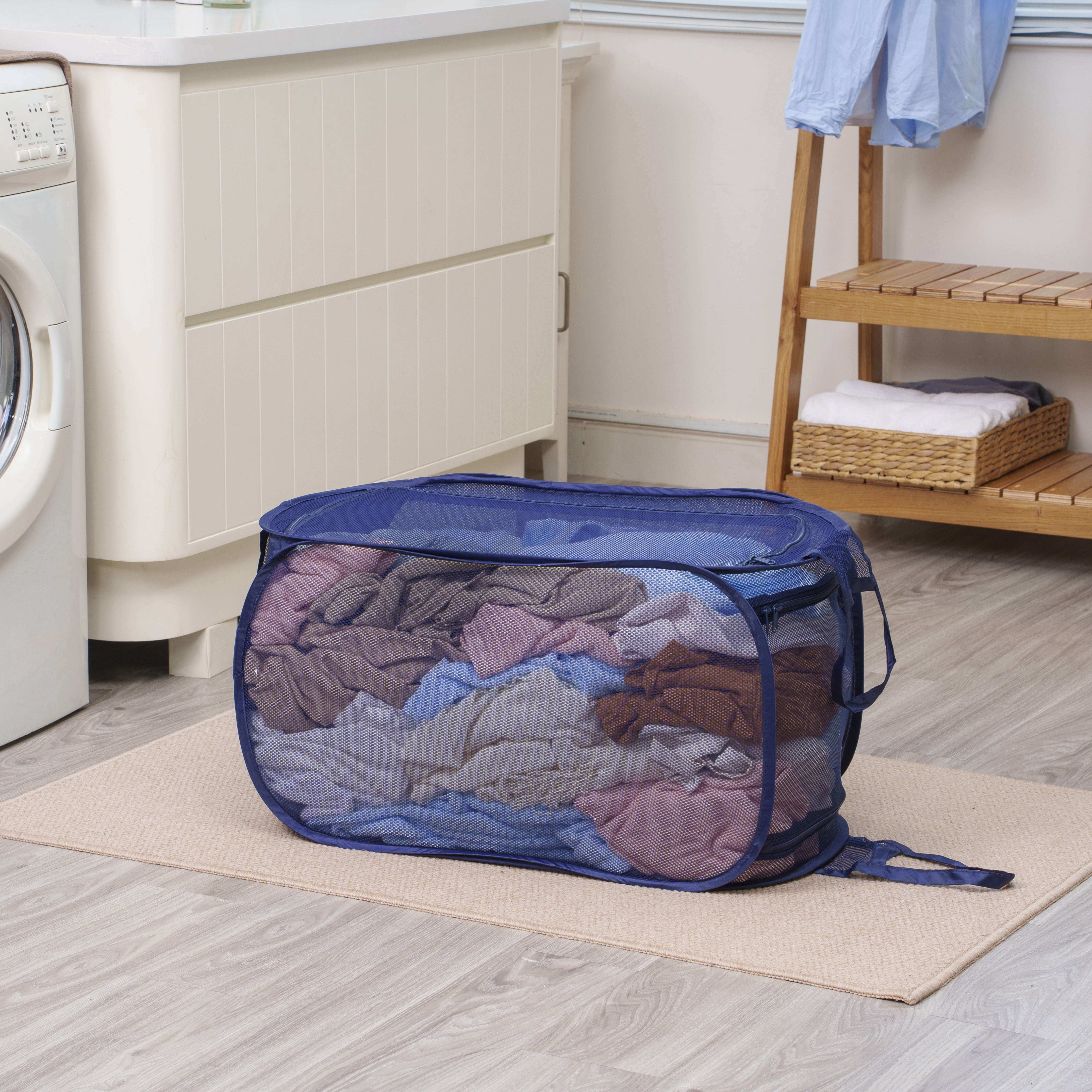 Mainstays Blue Pop-Up Mesh Laundry Hamper with Heavy Duty Handles