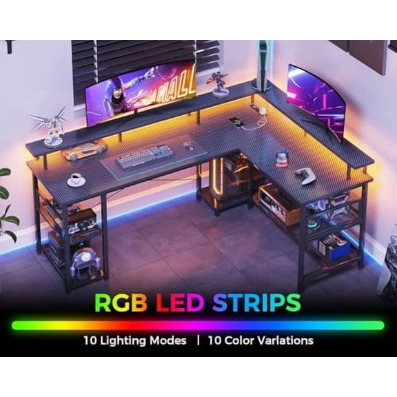 ODK 66" L Shaped Gaming Desk with Power Outlet and LED Lights, PC Gaming Table with Carbon Fiber Texture, Reversible L Shape Desk with Storage Shelves & Monitor Stand, Home Office