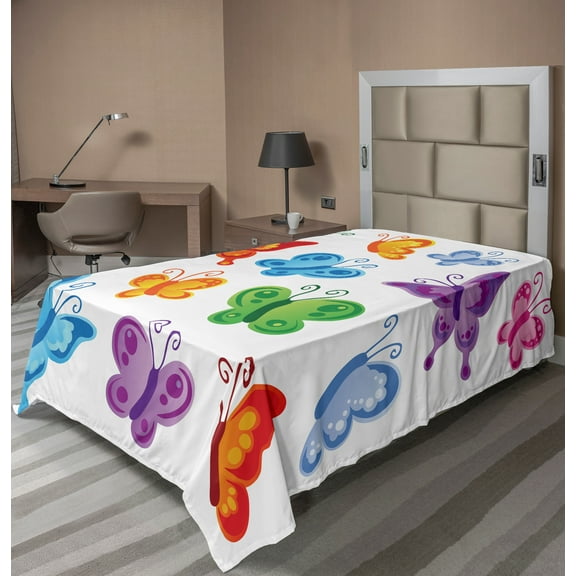 Ambesonne Butterfly Flat Sheet, Colorful Ornate Wings, Twin Size, Multicolor