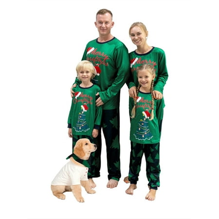 

KelaJuan Christmas Family Pajamas Set Long Sleeve Tree Crew Tops/Romper+Long Pants Puppy Outfits Parent-Child Christmas Nightwear