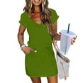 thumbnail image 2 of Dezsed Womens Summer Hide Belly Travel Dress Pocket 2025 Short Sleeve V Neck Drawstring Mini Casual T Shirt Dress Army Green L, 2 of 8