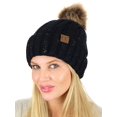 thumbnail image 2 of C.C Thick Cable Knit Faux Fuzzy Fur Pom Fleece Lined Skull Cap Cuff Beanie, Confetti Black, 2 of 3