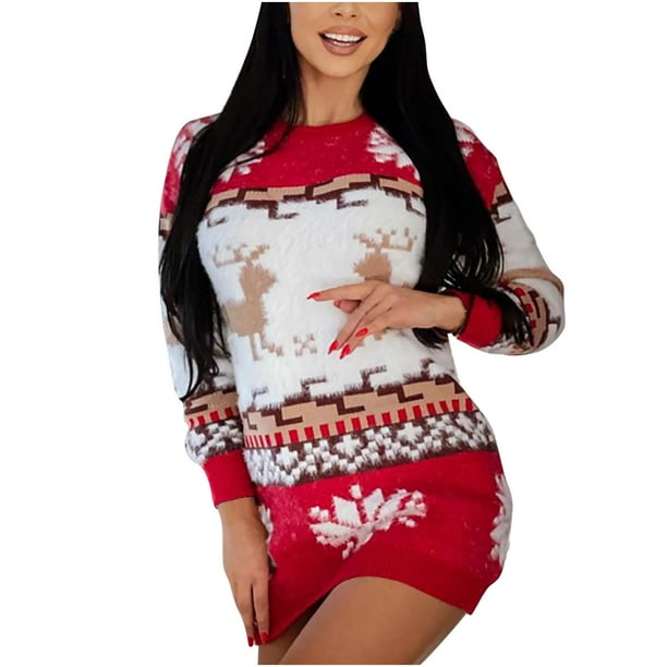 Vestidos de Navidad Para Mujer Vestido de Punto de Manga Larga Ajustado Con Cuello Redondo Odeerbi ODB186741