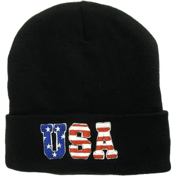 USA Patriotic Plush Lined Knit Winter Beanie Hat with Flag on Back (Black)