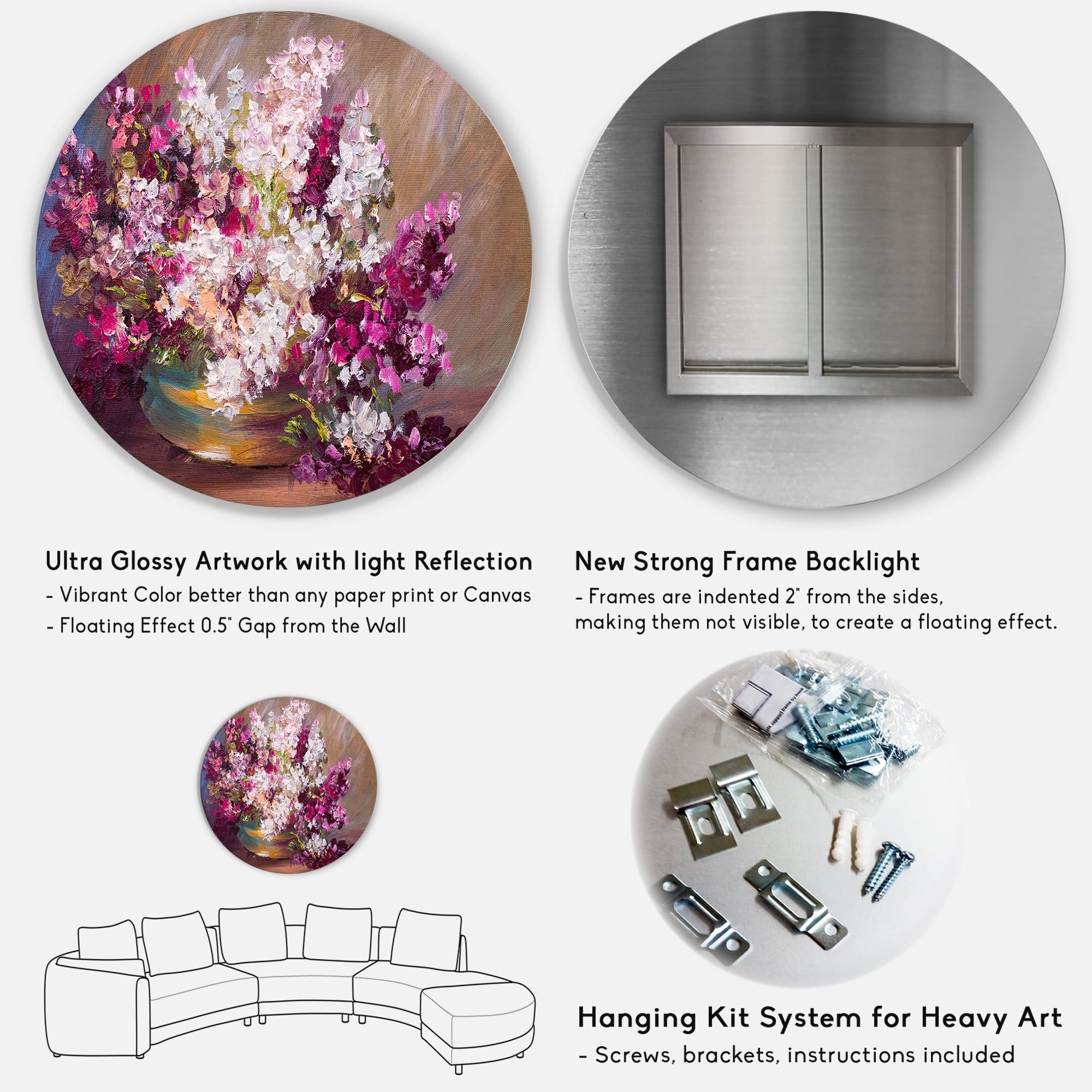 Designart 'Bouquet Of Still Life Lilacs ' Traditional Circle Metal Wall Art 23x23 - Disc of 23