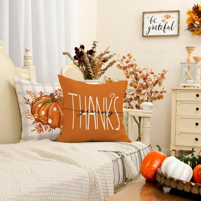 Fall Decorative Throw Pillow Covers 18 x 18 Inch Set of 4 Thanksgiving Pumpkin Spice Leaves Fall Decor Outdoor Farmhouse Plaid Pillow Cases for Home Couch Orange Color G335 18 Walmart