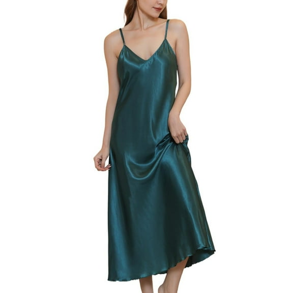 Homgro Women's Satin Sleep Dress Deep V Neck Silk Nightgown Summer Long Pajama Gown Spaghetti Strap Sleeveless Chemises Tea Length Sleepwear Teal Blue Green X-Large