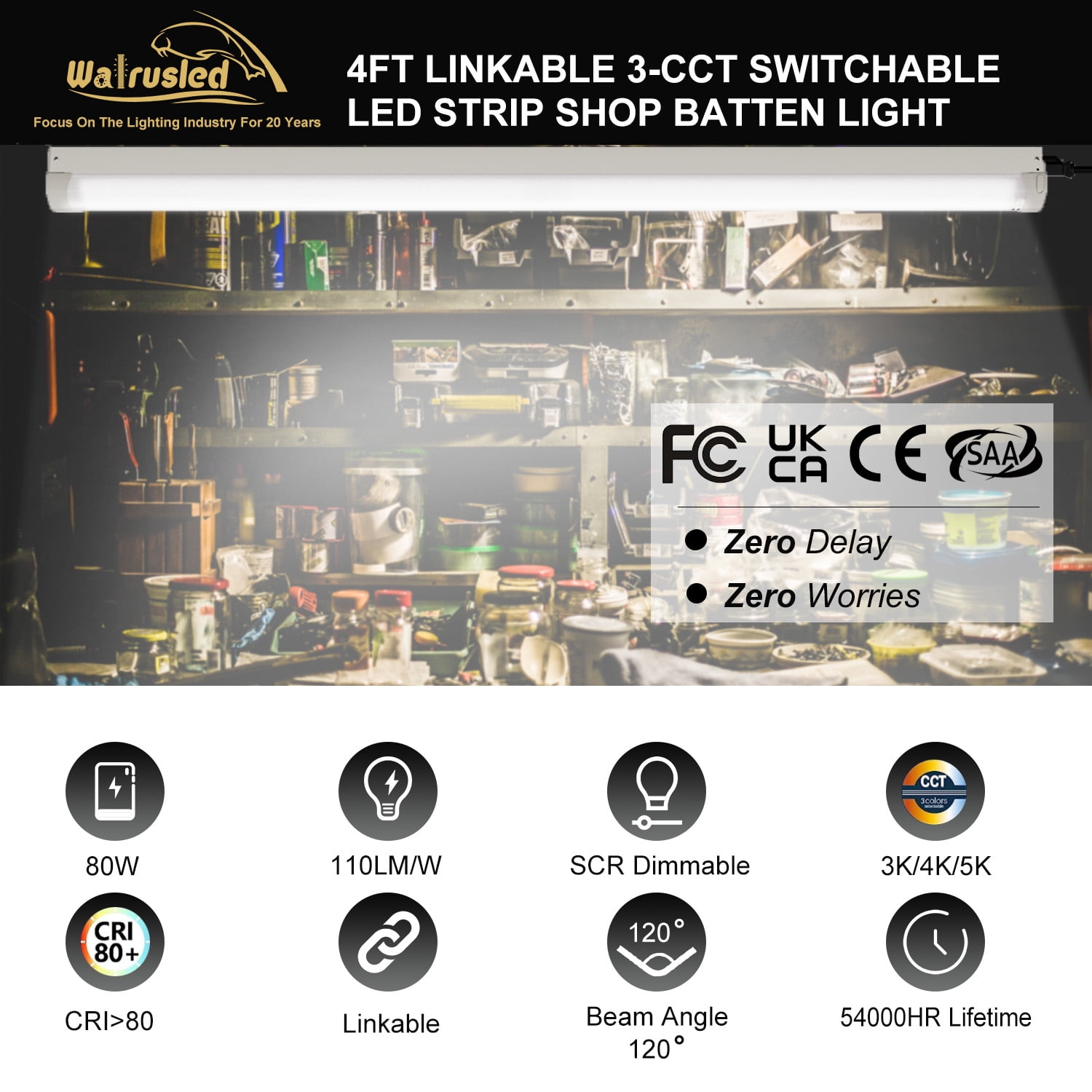 4FT Linkable 80W LED Shop Light, 8800lm, 3000K/4000K/5000K, Utility Shop Ceiling Lights for Garages, Workshops, SCR Dimmable 4 Foot Linear Strip Work Light Fixture with Plug and Power Cord, FCC