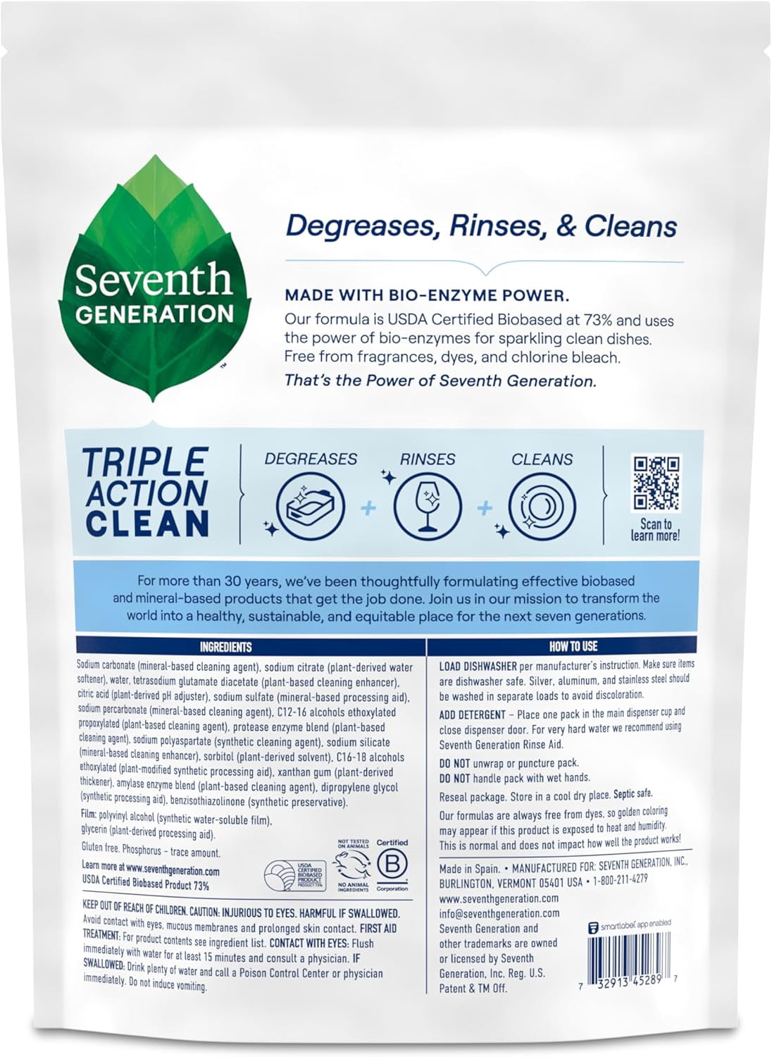 Triple Action Clean Automatic Dishwasher Detergent Packs with Bio-Enzyme Power, Free & Clear, Fights 48-hour Stuck-on Food, 54 count