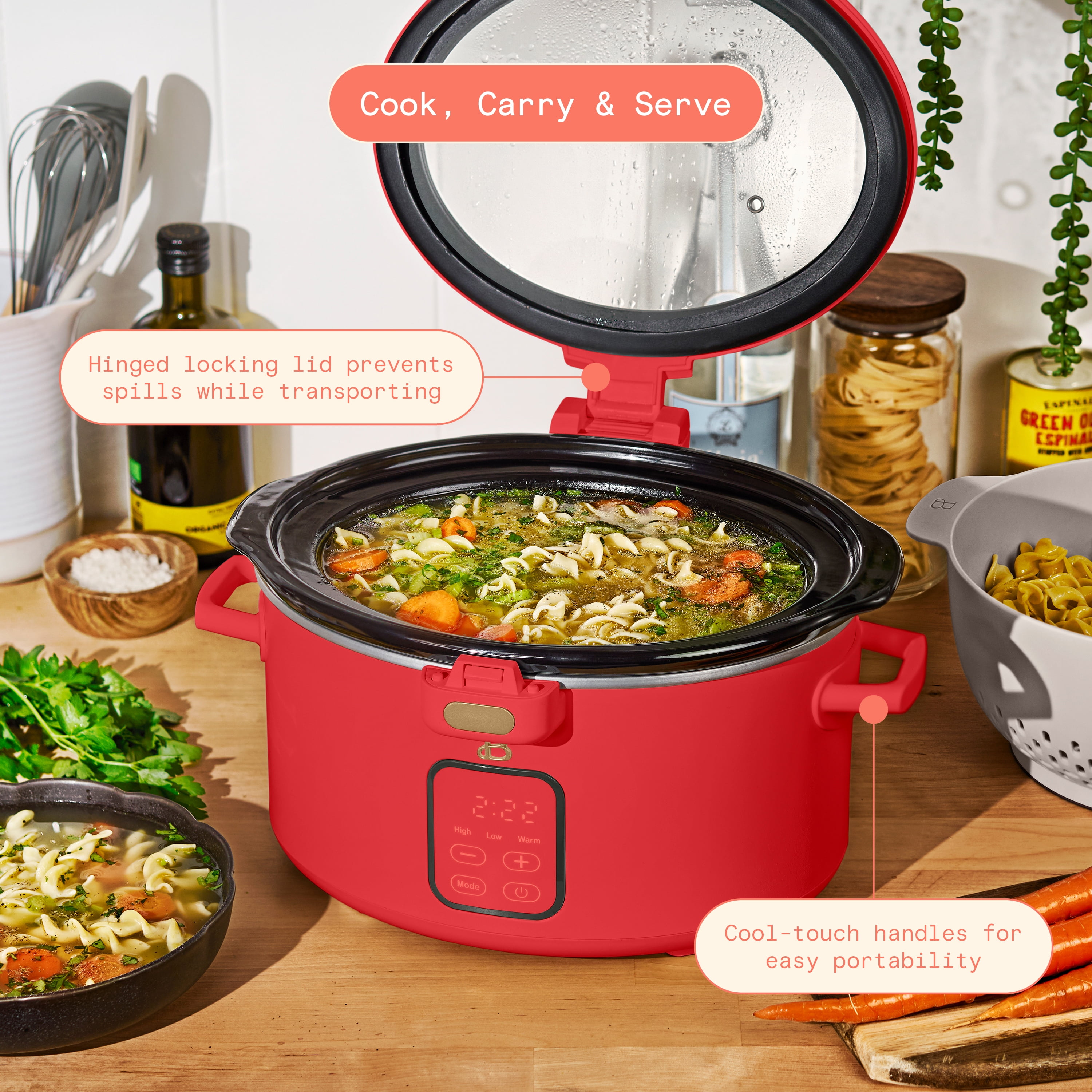 Beautiful 4 Qt Digital Slow Cooker with Hinged Locking Lid, Tomato Red by Drew Barrymore