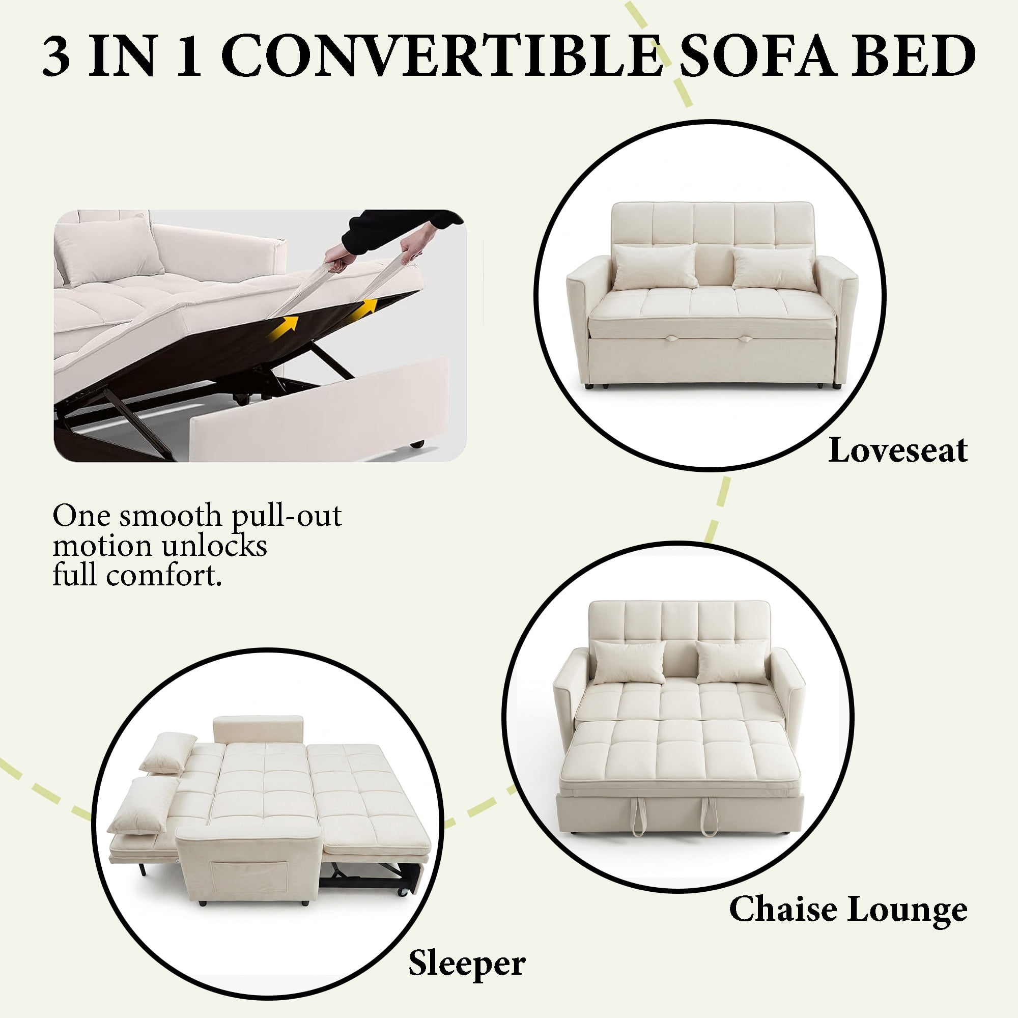WAKEFIT 54" Pull-Out Sleeper Sofa Bed,3-in-1 Convertible Loveseat Couch with Adjustable Backrest for Small Living Room,Velvet,Beige