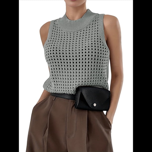 Suéter de Punto de Verano para Mujer, Camiseta Sin Mangas con Cuello Redondo de Crochet, Blusa Informal Sin Mangas con Aberturas Gris M