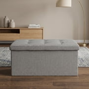 Home Design Upholstered Folding Storage Bench – Grey Linen, Padded Seat with Hidden Storage, Collapsible Design