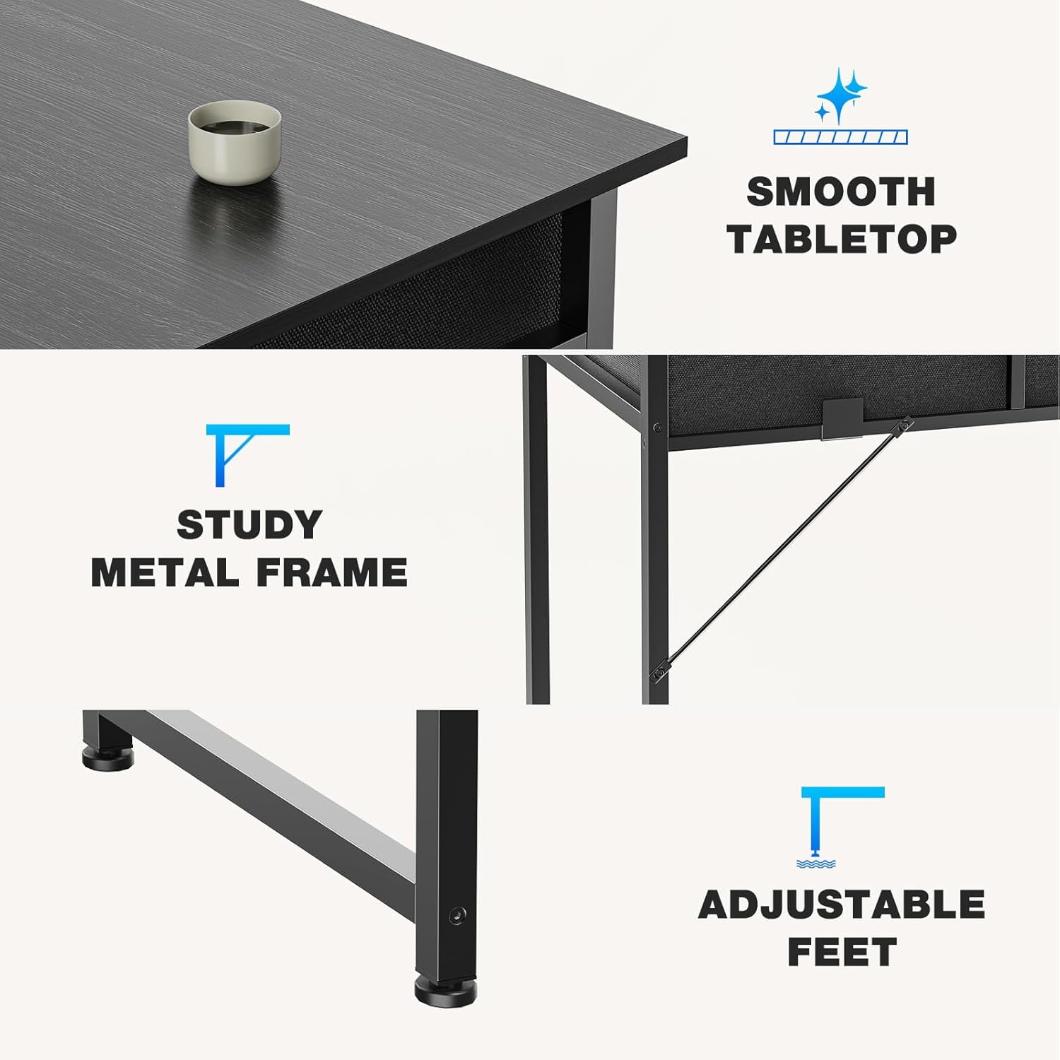 32 inch Small Desk with Drawers, Modern Study Writing Table Computer Desks with Storage Bag & Hook for Bedroom Home Office, Black