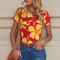 thumbnail image 6 of KLL Women 's Crew Neck Bodysuit Jumpsuits Red Vintage Flowers Print Short onesies Stretch T Shirts, 6 of 7