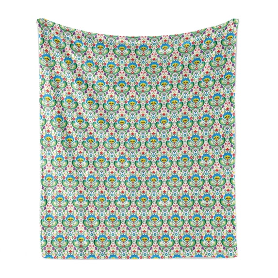 Norwegian Soft Flannel Fleece Throw Blanket, Colorful Pattern of European Folk Art Hues and Strokes Ornaments with Details, Cozy Plush for Indoor and Outdoor Use, 70" x 90", Multicolor, by Ambesonne
