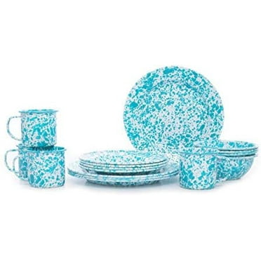 Enamelware Starter Set, 16 piece, Turquoise/White Splatter