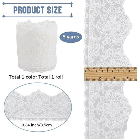 5 Yard x 3.34 Inch Europe Crown Ribbon White Flower Lace Trim Wedding Applique Inelastic Embroidery Curtain Tablecloth Sewing Wave Slipcover Bridal DIY Clothing Edge Trimmings