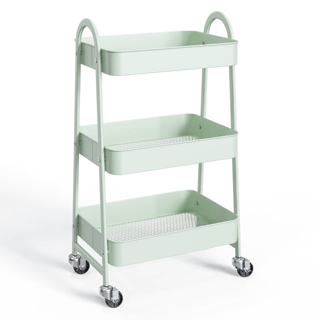 ZUNMOS Carro Rodante Utilitario de 3 Niveles, Carro de Almacenamiento Móvil de Metal con Ruedas Giratorias Bloqueables, Carro Organizador de Estantes de Almacenamiento para Sala de Estar, Baño, Cocina y Lugares Estrechos, Verde