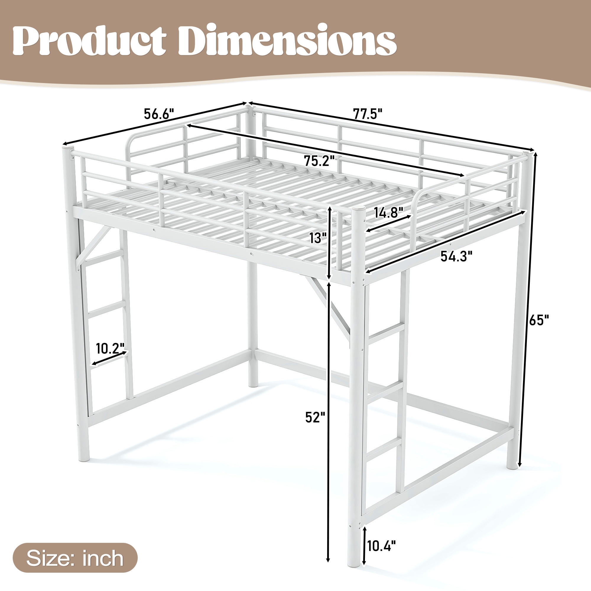 Mintazer Full Metal Loft Bed Frame with Side Ladders & Guardrails for Teens Adults, No Box Spring Needed, White
