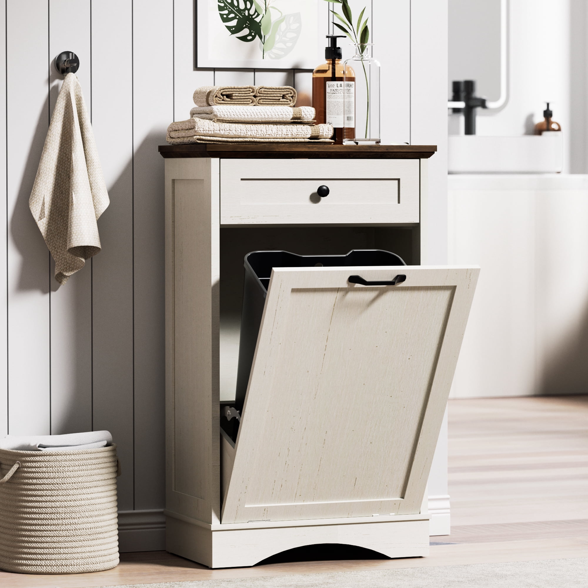 AHB 13 Gallon Tilt Out Kitchen Trash Cabinet with Drawer, Single Trash Can Storage Organizer, 20.9"L x 13.55"W x 38.5"H , White
