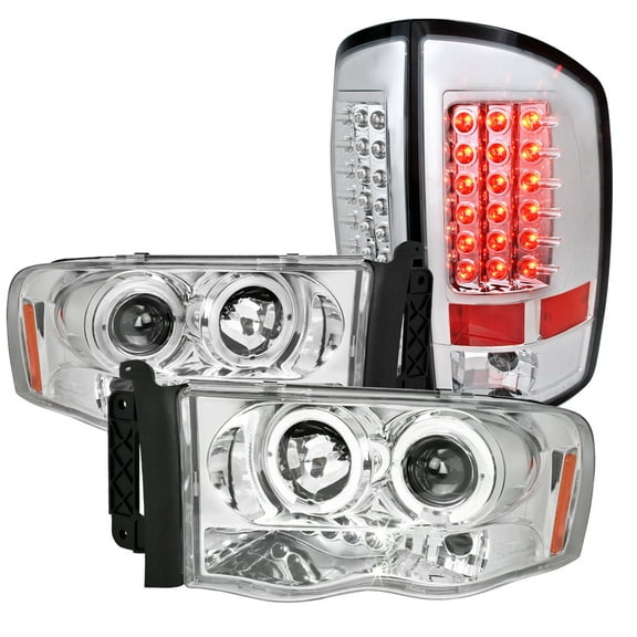 Spec-D Tuning Chrome Halo LED Projector Headlights   Chrome LED Tail Lights Compatible with 2002-2005 Dodge Ram, Left   Right Pair Headlamps Assembly
