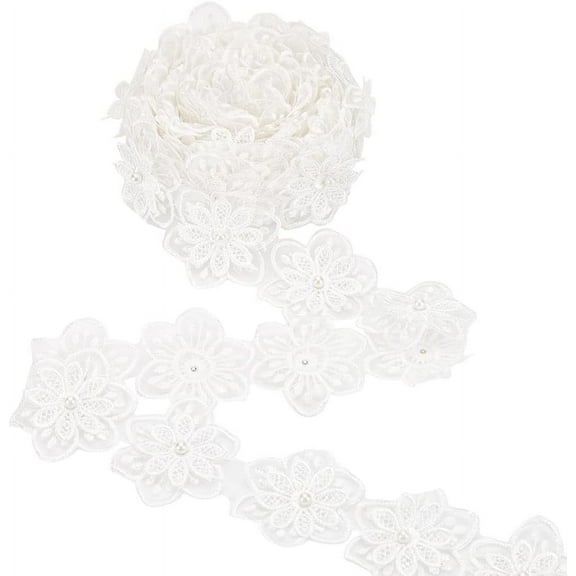 5 Yard Flower Lace Pearl Trim Ribbon 2.4inch Wide Embroidered 3D Flower Lace Edge Trim White Organza Lace Trim DIY